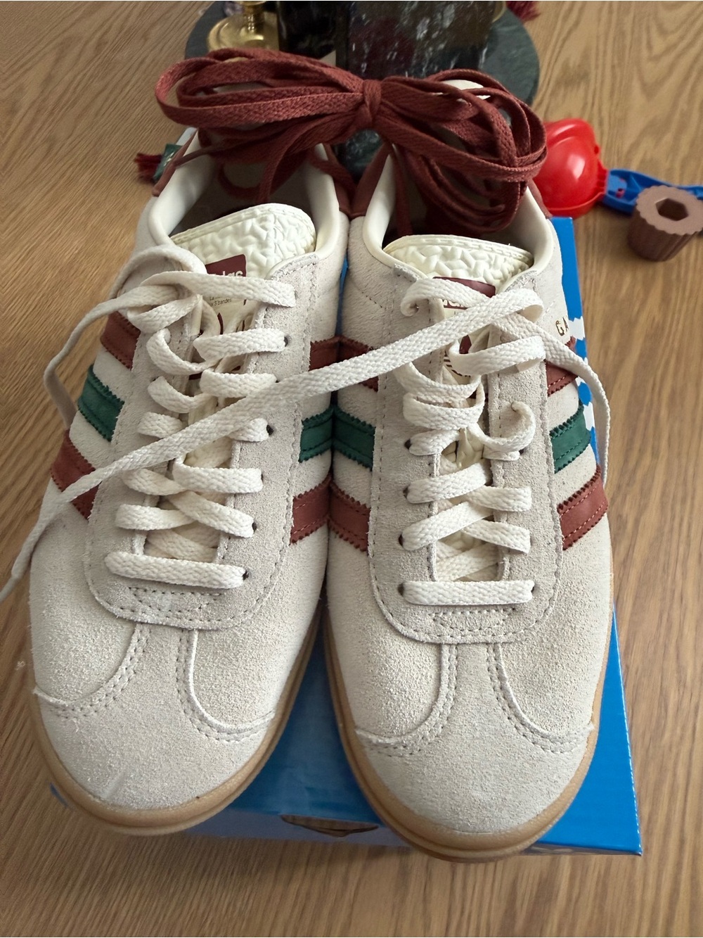 Adidas Bold platform Suede Sneakers in Cream with Green and Brown Stripes